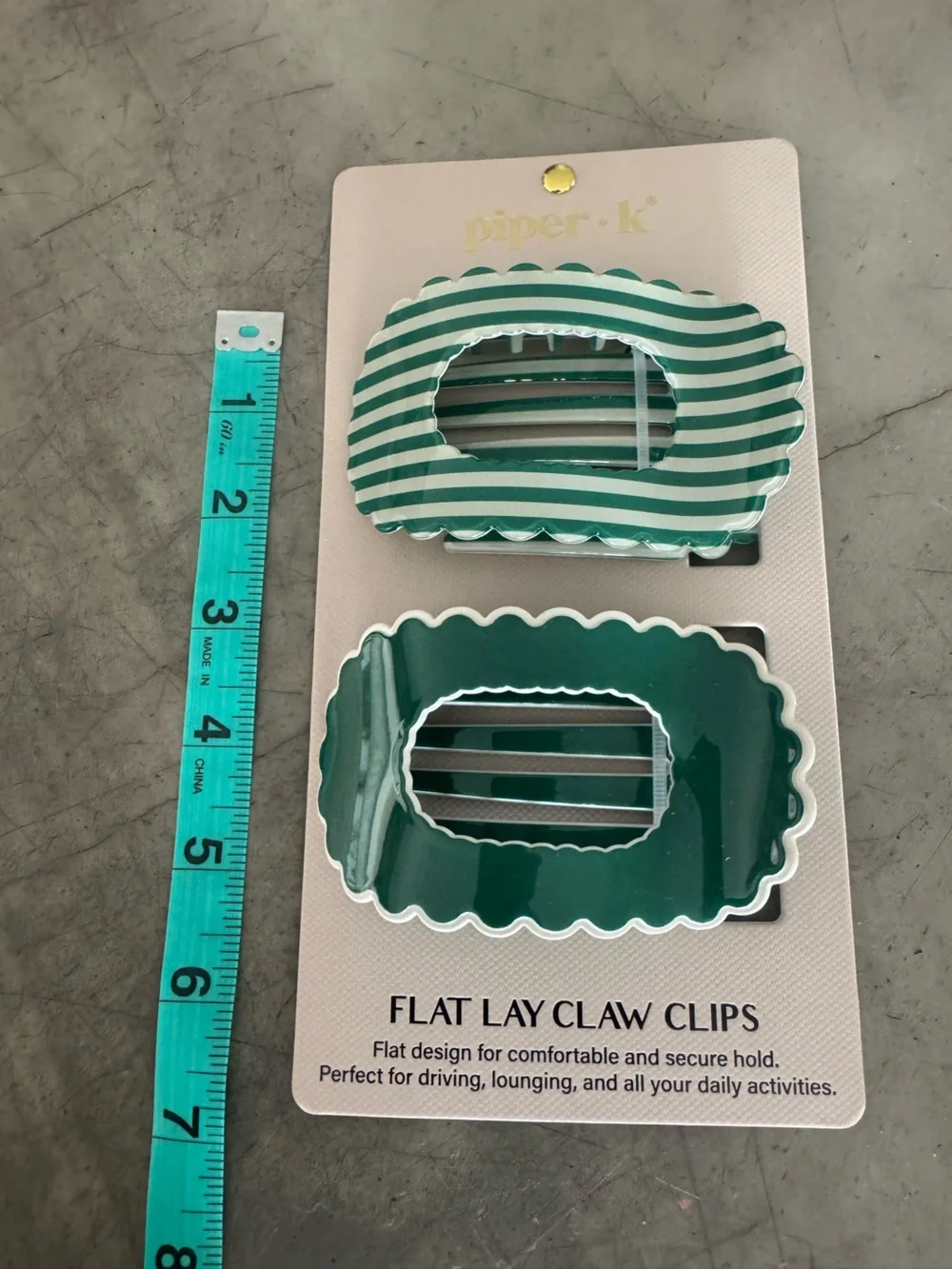 Piper•K Green Striped and Solid cute “ruffled”edged, Flat Lay Claw Clip Duo